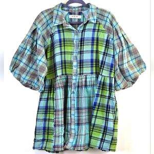 Free People We The Free Moon Bay Mixed Plaid Top Blue